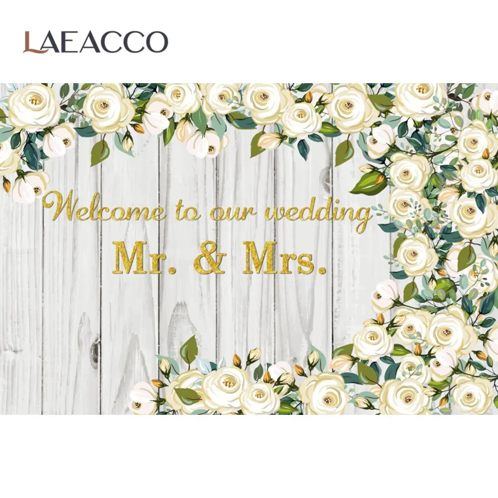 Laeacco-لوح خشبي شخصي السيد والسيدة ، ملصق زهور بيضاء ، خلفية صور على المسرح ، صور خلفية للتصوير الفوتوغرافي
