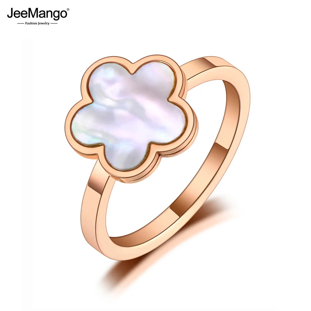 JeeMango Fashion Titanium Stainless Steel White Shell Flower Plant Rings Bohemian Party Cocktail Ring Jewelry For Women JR20016