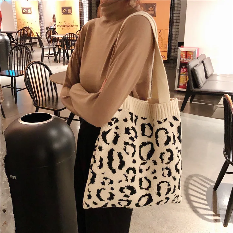 

Korean autumn and winter knitted shopping bag leopard woven single-shoulder casual portable wool cloth tote bag canvas