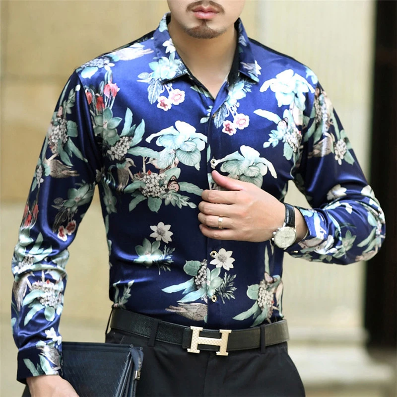 

Long 2020 Spring Sleeve Floral Shirt Print Shirts Men Dress Velvet Shirt Club Party Chemise Homme Mannen Kleding Shirt Men