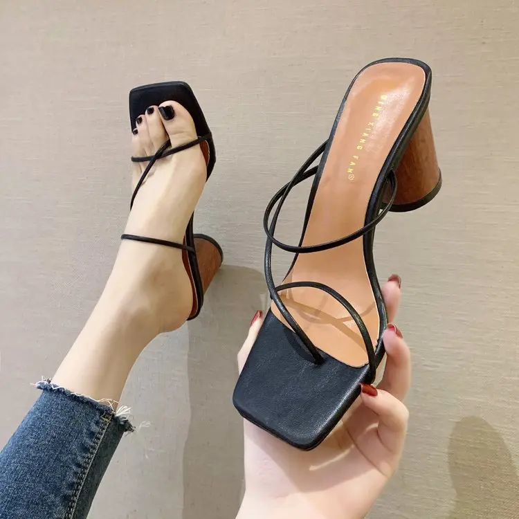 Wood Heel Slipper Women\'s Sandals Vintage Square Toe Narrow Band High Heel Sandals Women Summer Shoes Women ju8