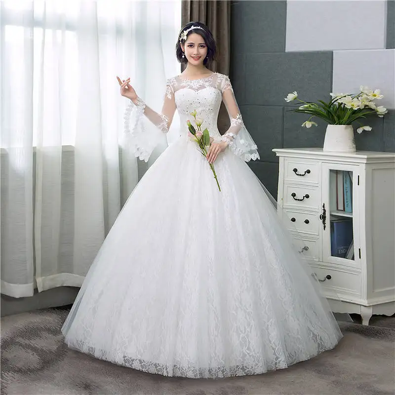 It's YiiYa New Long Flare Sleeve Wedding Dresses Simple O-neck Back Lace Up Wedding Gown HS283