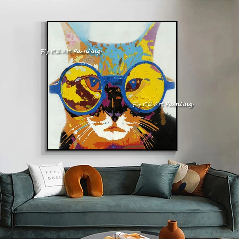 Modern Abstract colorful cat with glass thick Oil Painting large hand painted Abstract Painting Canvas  For Kid's Room Decor