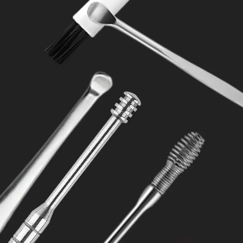 6Pcs/Set Stainless Steel Ear Wax Removal Tool Cleaner Kit Spiral Earwax Curette Pick Spoons Cleaning Brush with Case