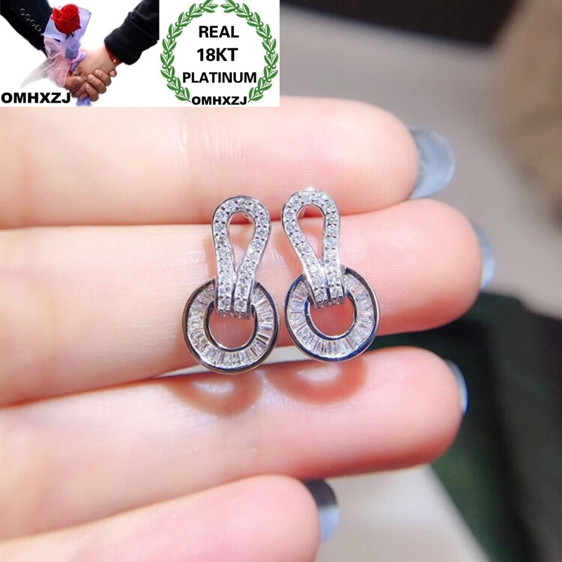 OMHXZJ Wholesale European Fashion Woman Girl Party Birthday Wedding Gift Round AAA Zircon 18KT White Gold Stud Earrings EA527