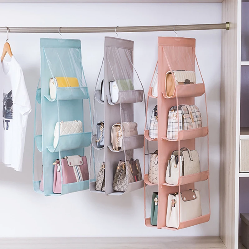 Foldable Hanging Bag Bilateral 4Layers Folding Shelf Bag Purse Handbag Organizer Door Sundry Pocket Hanger Storage Closet Hanger