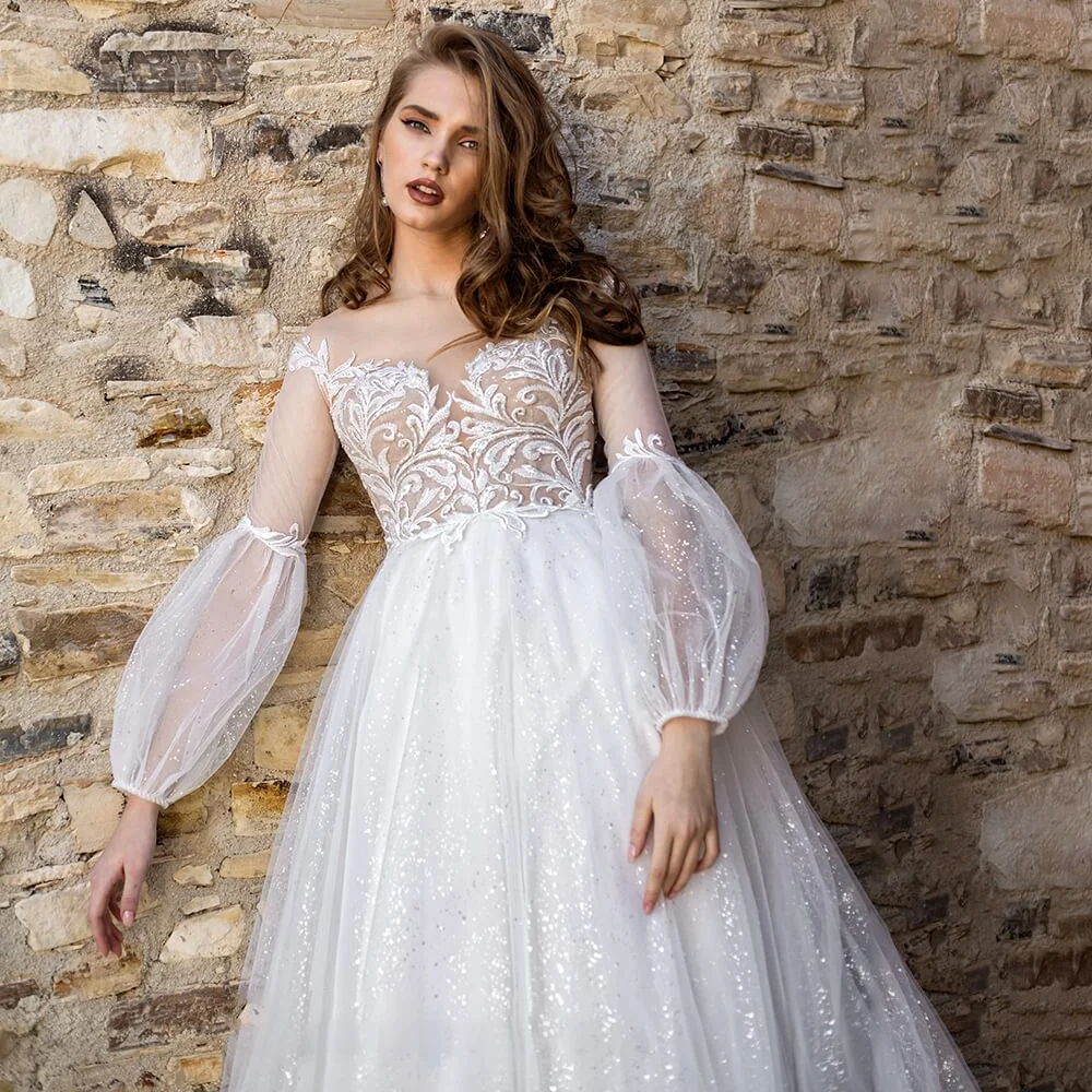 Robe de mariée en Tulle à manches longues, luxueuse robe de princesse sur mesure avec haut en dentelle