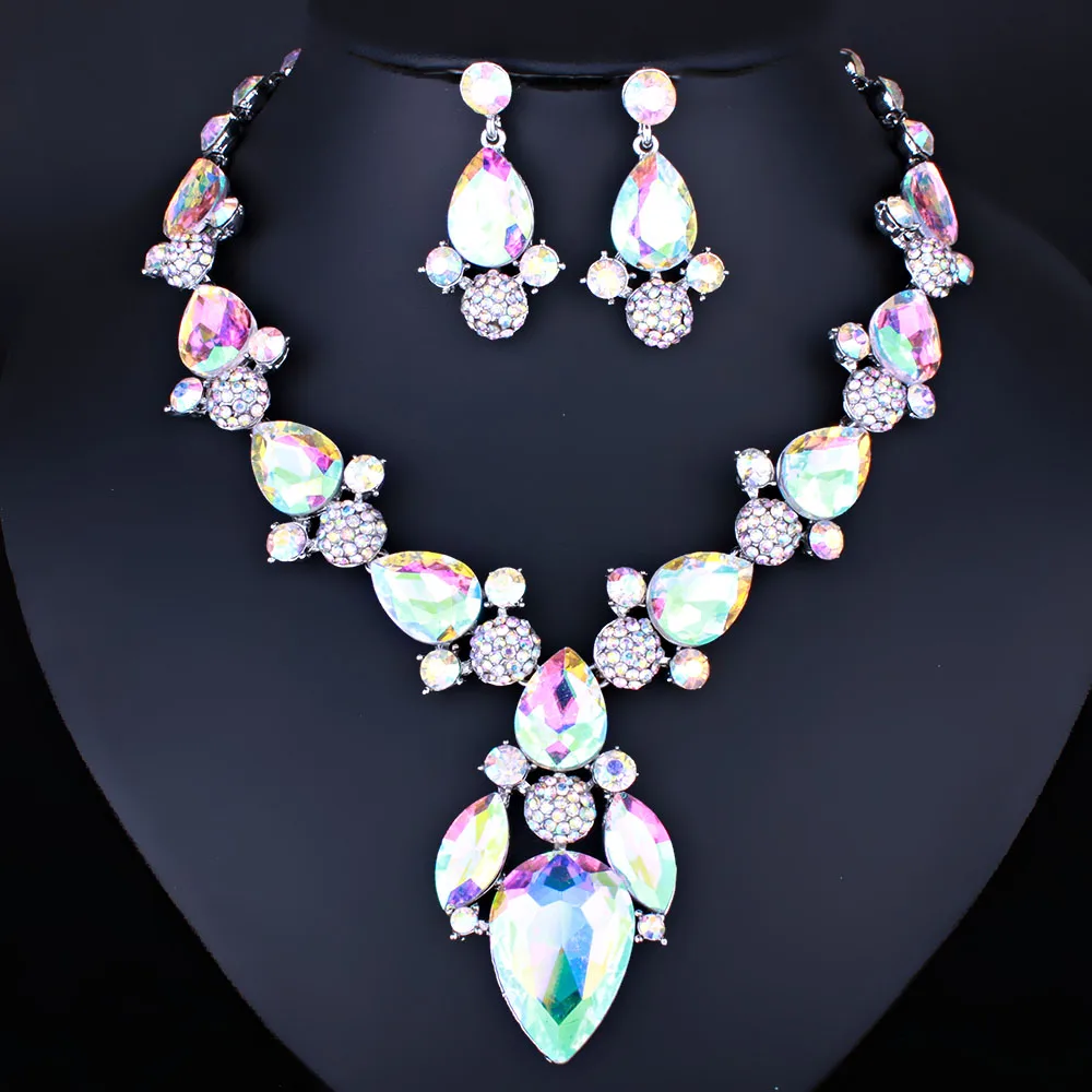 FARLENA Wedding Jewelry Clear Crystal Rhinestones Water Drop Necklace Earrings Set for Women Bride Dubai Sets