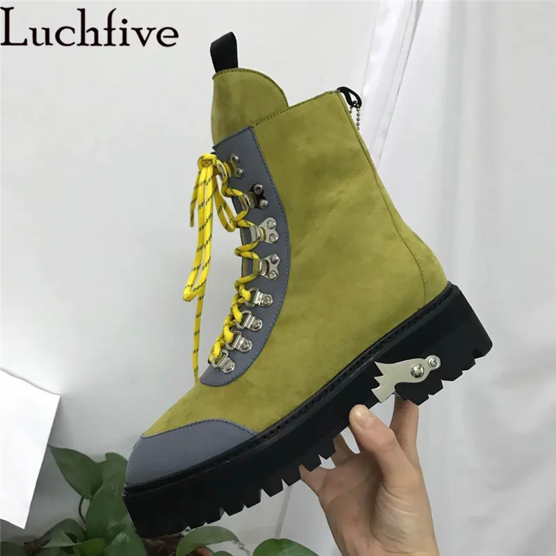 Winter Motorcycle Boots Woman Black Beige Genuine Leather Thick Bottom Wool Ankle Boots Fashion Designer Lace up Martin Boots