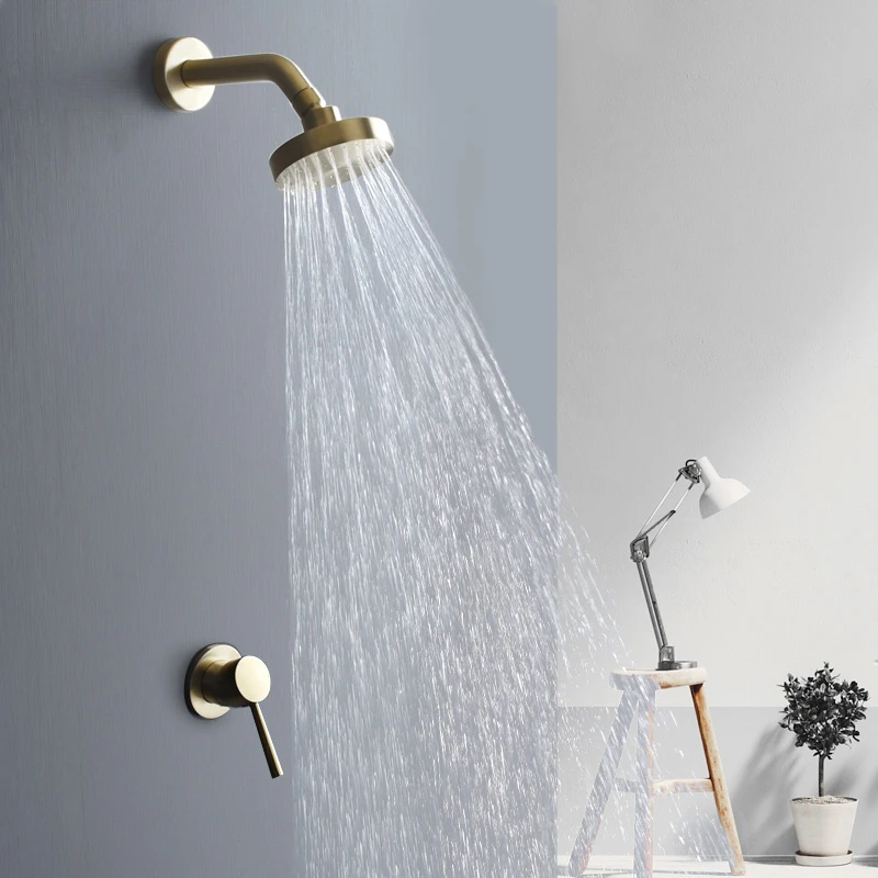 Brushed Gold Bathroom Fixture Waterfall Restroom Bath Shower Faucets Set Wall Mounted Brass Rain Shower Faucet Mixer Set