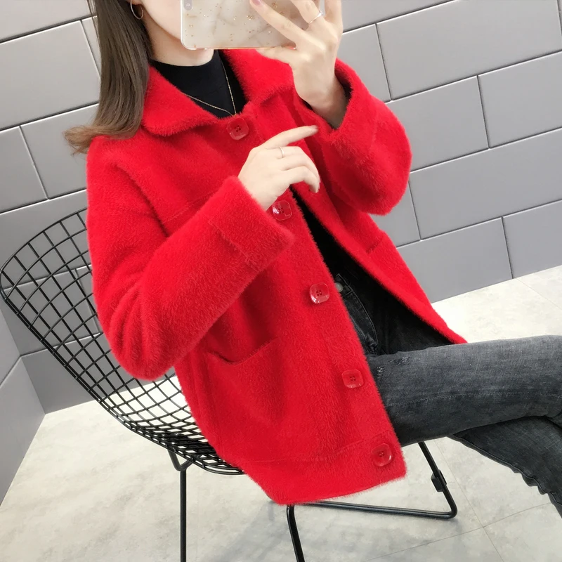 Autumn Winter Thick Faux Mink Cashmere Knitted Sweater Women Short Cardigan Outerwear Loose Casual Big Pocket Knit Jacket Female