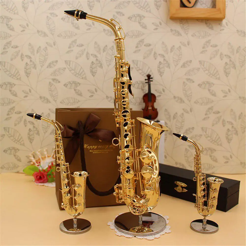 Mini Saxophone Model Musical Instruments Copper Display Sax Gold Color Pocket Sax Alto With Metal Stand for Home Decoration