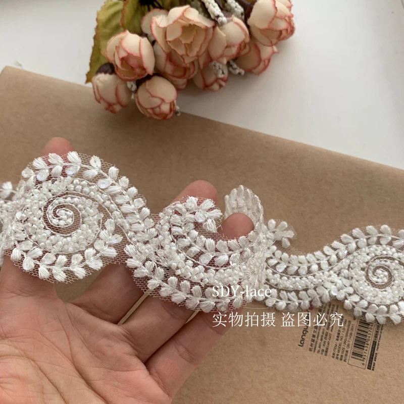 Special design beaded lace trim Ivory color, 5 yards narrow trim border lace trimming 5cm, wedding veils, dress diy lace