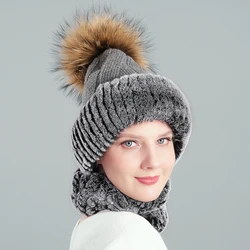 Women Knitted Blended Woolen Hat Fox raccoon fur ball hat and scarf Bib Sets Hair Ball Knit Caps Outdoor Windproof Hats Suit