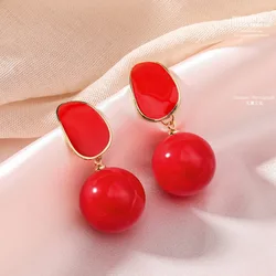 2023 Korean Fashion Elegant Big Red Simulated Pearl Earrings Gold Color Droplet Pendant Earrings Women's Jewelry