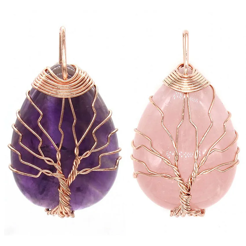 Wire Wrapped Tree Life Chakra Reiki Water Drop Natural Healing Purple Crystal Rose Pink Quartz Stone Pendant Women Men Jewelry