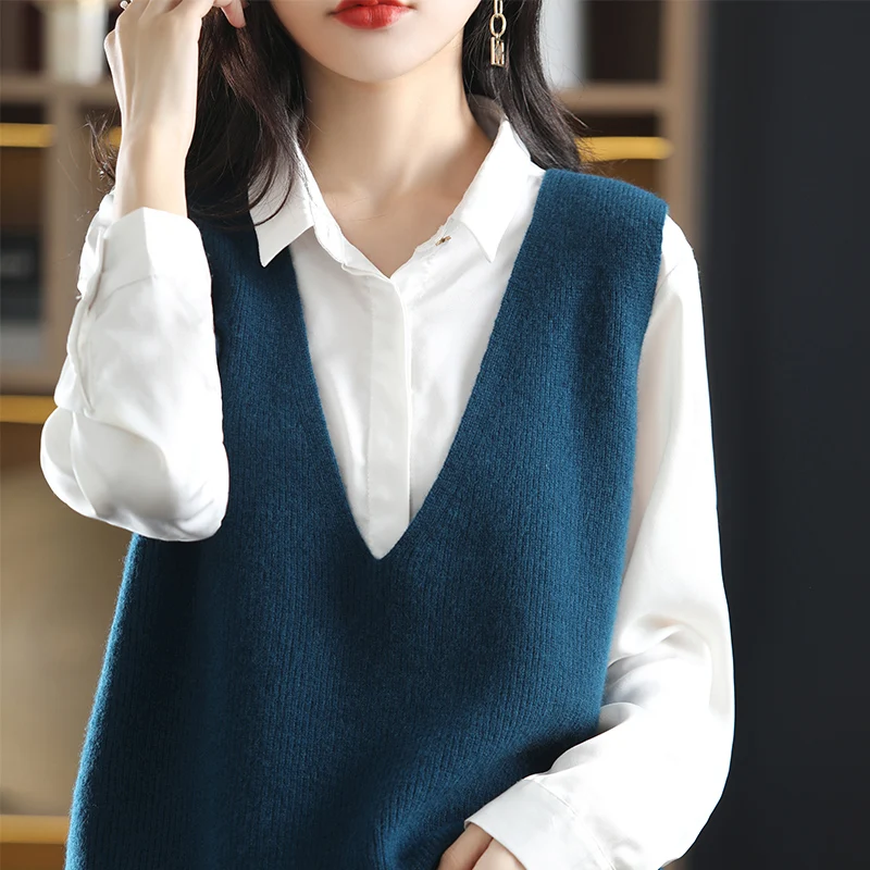 Hot Sale 100% Pure Australian Wool Knitted Sleeveless Women Sweaters Vneck Loose Thick Warm Knitwears 6Colors Female Vest