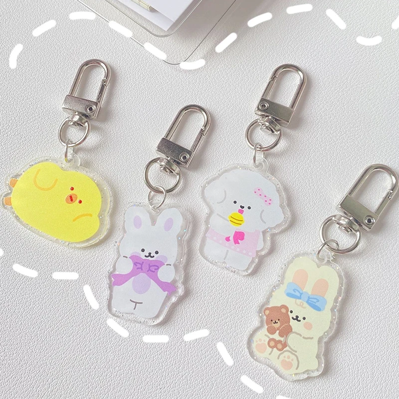 Cute Cartoon Glitter Bunny Acrylic Keychain Ins Decoration Girls Bag Scrapbook Earphone Trinkets Pendant Kawaii Key Holder