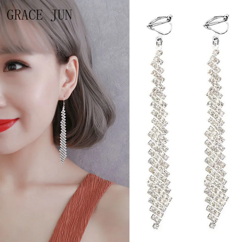 High Quality Long Clip on Earrings Without Pierced for Women Party Wedding Bridal Fashion Drop Dangle Earrings Cuff Earrings New