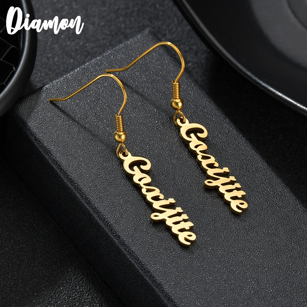 

Diamon 2020 New Personalized Customized Earring For Women Stainless Steel Sideway Name Letter Earrings Vertical Party Jewelry