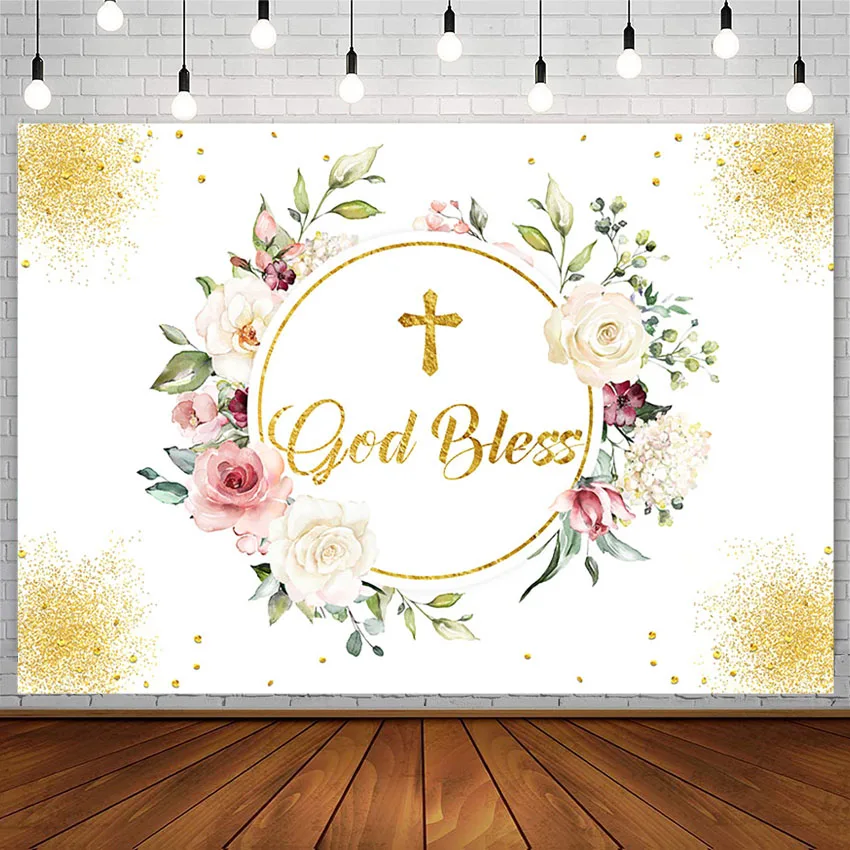 Avezano Photography Backdground First Communion Ceremony God Bless Golden Flower Party Banner Decorate Backdrop Photo Studio