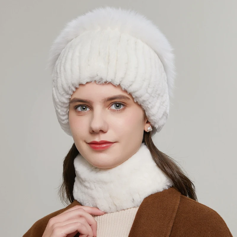 Winter Women\'s Rabbit Fur Hat Natural Fluffy Fox Cap Fashion Warm Knitted Authentic Russian Hot-Selling Style Female Cap 20HY-12