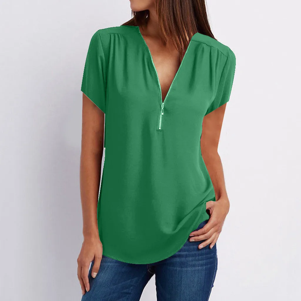 Summer White Black Blouse Woman Fashion Zipper V Neck Casual Shirts Solid Color Female Lady Blouses Tops Tunic Dropshipping