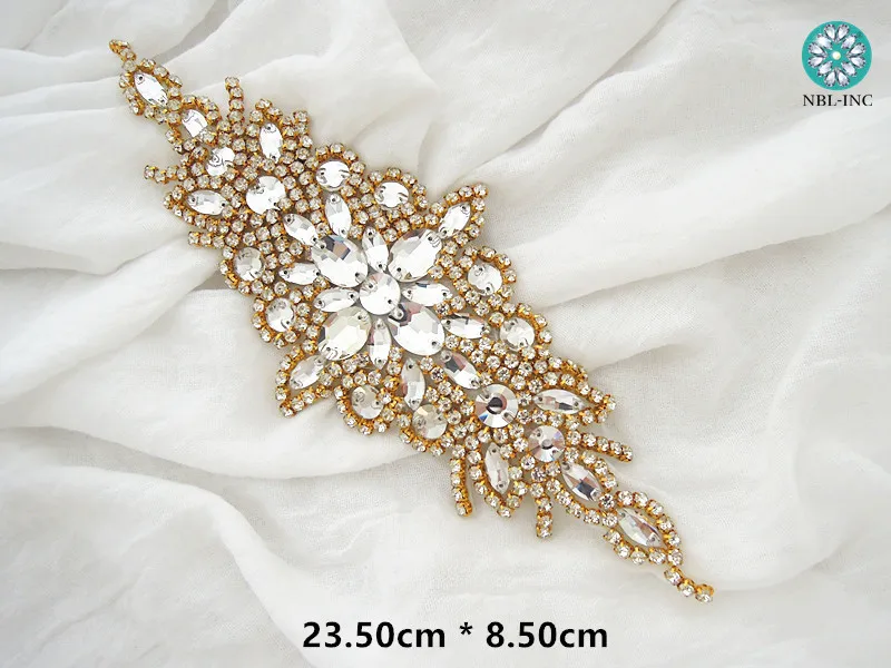 (1PC) Gold clear crystal glass bridal rhinestone applique belt wedding sash for wedding dress WDD0472