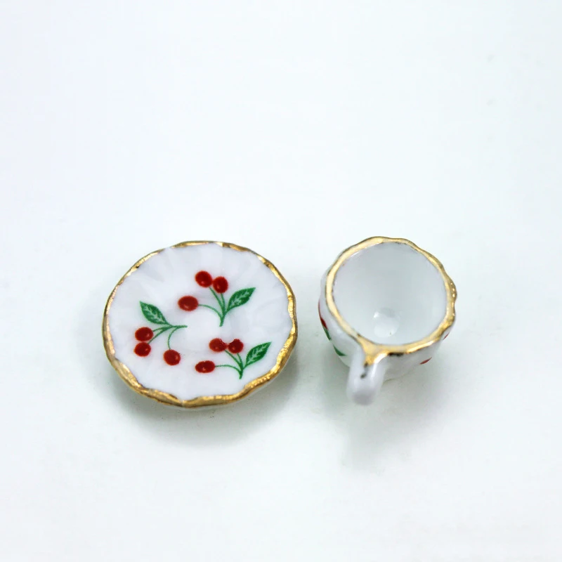 1/12 Dollhouse Miniature Accessories Mini Ceramic Cherry Plate Cup Set Simulation Tableware Model for Doll House Decoration ob11