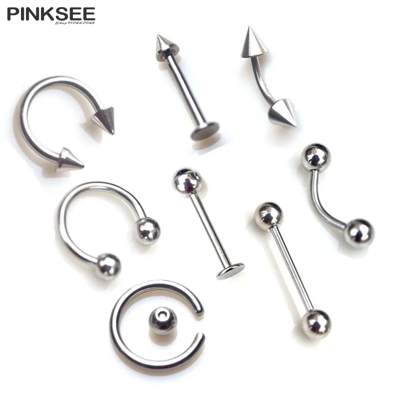 10Pcs Mixed Styles Stainless Steel Eyebrow Navel Belly Lip Tongue Nose Piercing Bar Ring Labret Barbell Piercing Body Jewelry