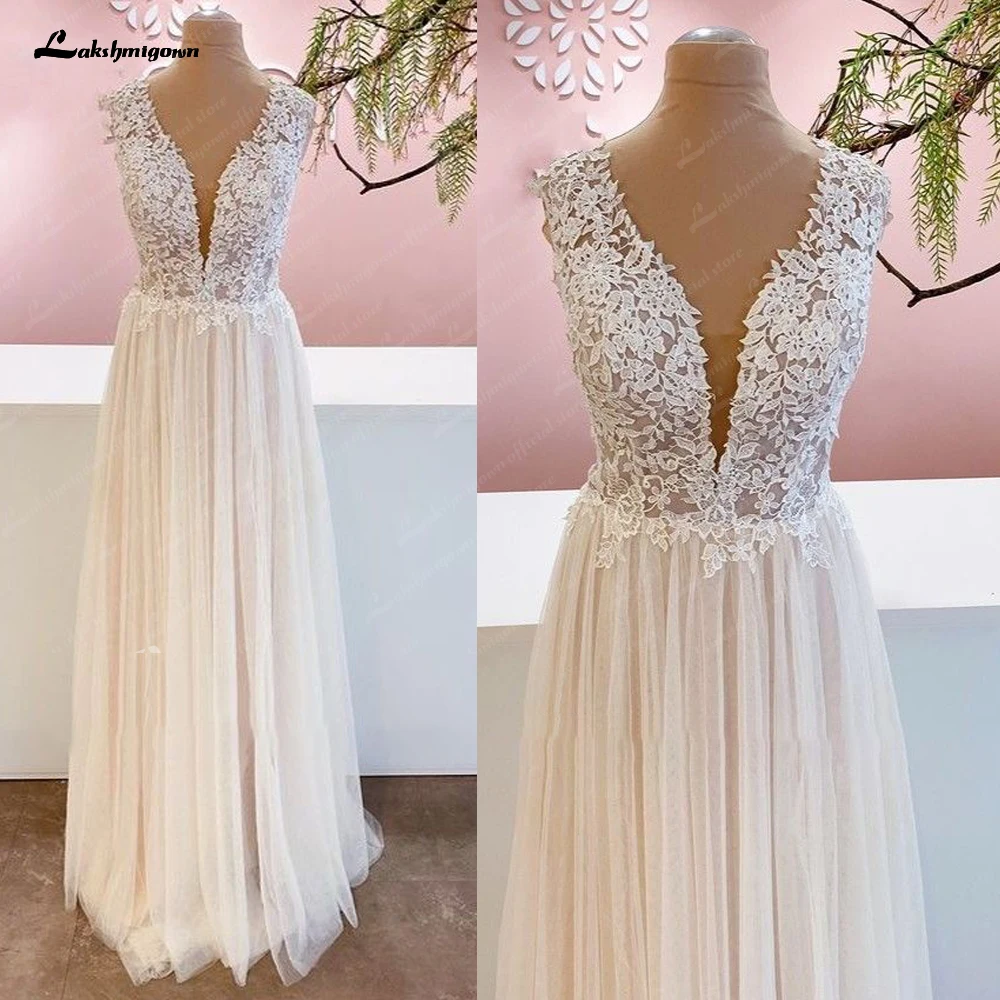 

Lakshmigown Deep V Neck Beach Wedding Dresses with Soft Tulle Floor-Length Sleeveless Bridal Gowns Lace Dress Robe de mariee