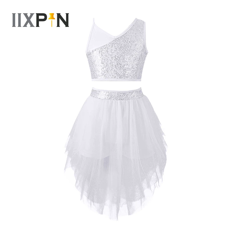 Crianças Meninas Ballet Dance Dress Outfit Sem Mangas Lantejoulas Top Colheita Com Malha Tutu Saia Set Para Jazz Ballroom Dance Performance