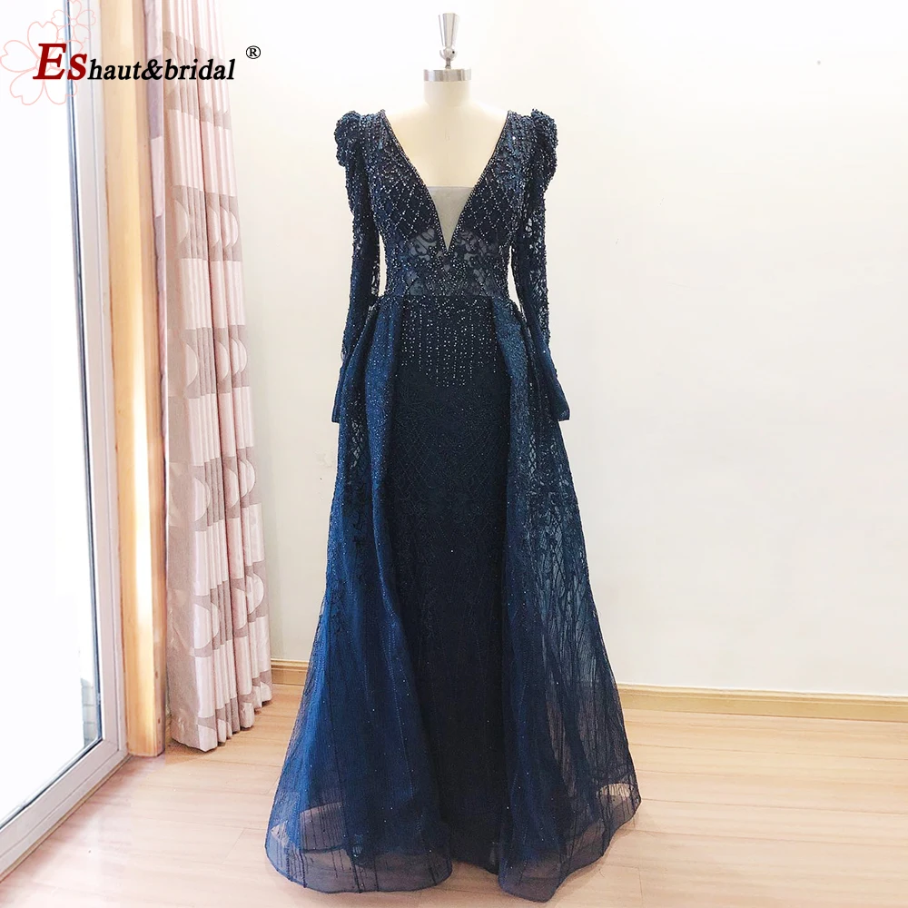 Elegant Dubai Full Lace Mermaid Evening Night Dresses 2023 Long Sleeves V Neck Crystal Handmade Formal Prom Wedding Party Gowns