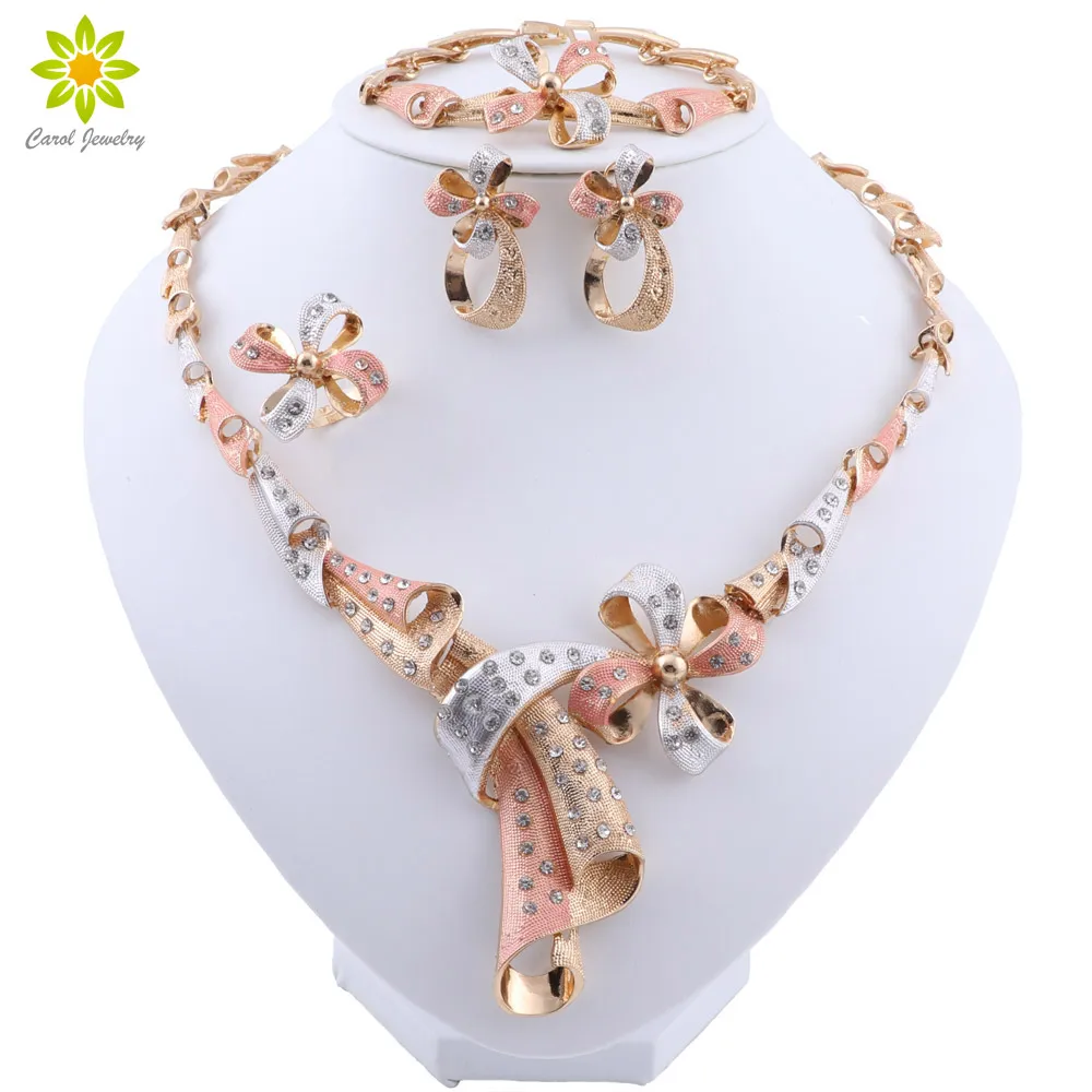 African Wedding Jewelry Sets Women Fashion Bridal Dubai Gold/Silver Color Crystal Necklace Bracelet Ring Earrings Jewelry Sets