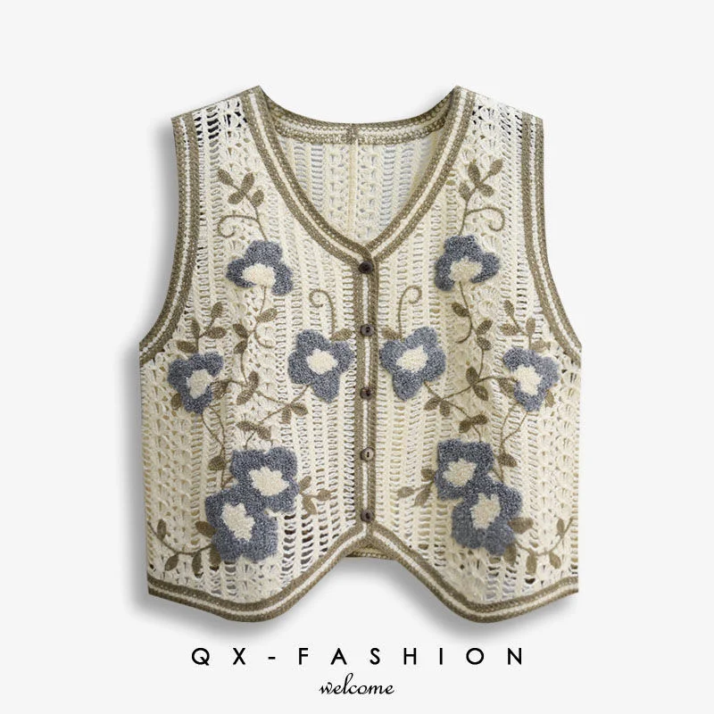 Jacquard Hollow Out Embroidery Knitted Waistcoat Women 2024 New Short Loose Sleeveless Sweater Vest For Spring Autumn