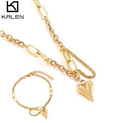 KALEN Romantic Heart Pendant Necklace Set for Women Stainless Steel 18 K Metal Texture Choker Necklace Bracelet Anniversary