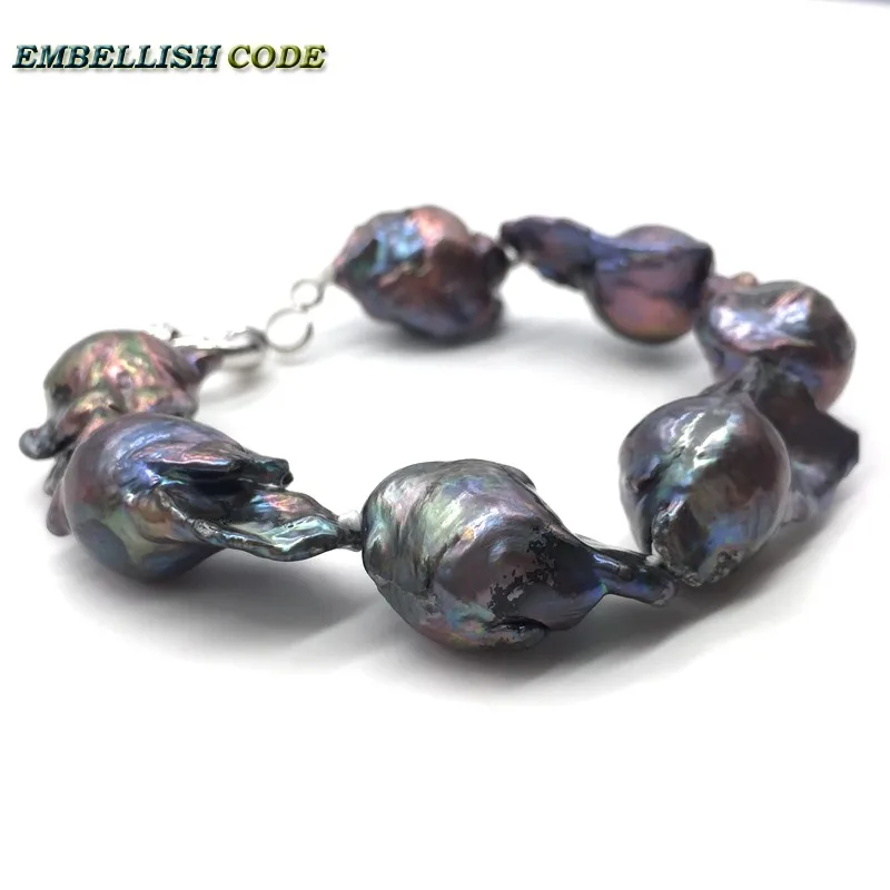 Large size baroque pearl bracelet Bangles black blue color Irregular real Cultured pearls popular jewelry gift for LADY