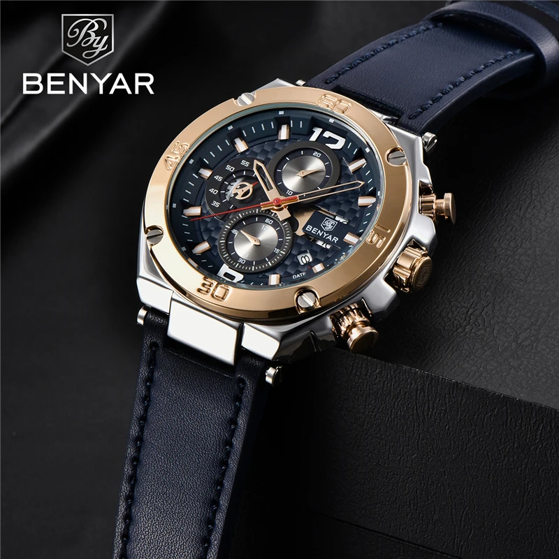 Men\'s watches BENYAR new quartz men wrist watch top luxury fashion clock man waterproof leather chronograph Relogio Masculino