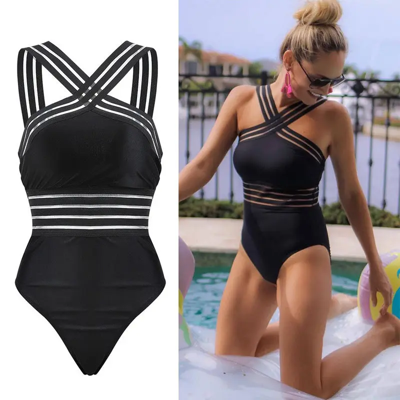 Sexy One Piece Bodysuits Swimwear For Women Beach High Neck Bandage Cross Back Female Brazilian Swimming Suit