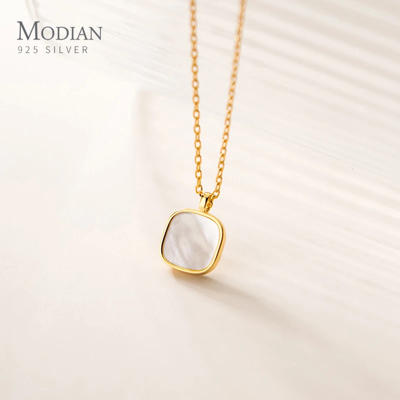 

Modian Authentic 925 Sterling Silver Natural Dainty Shell Gold Color Square Pendant Link Chain Necklace for Women Fine Jewelry