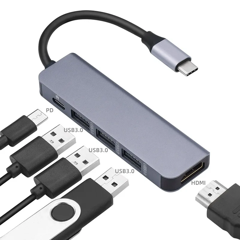Convertidor de 5 puertos tipo c hub a HDMI + 3 x USB3.0 + PD USB C, estación de acoplamiento, hub multifuncional de 5 puertos, adaptador para MACBOOK PC