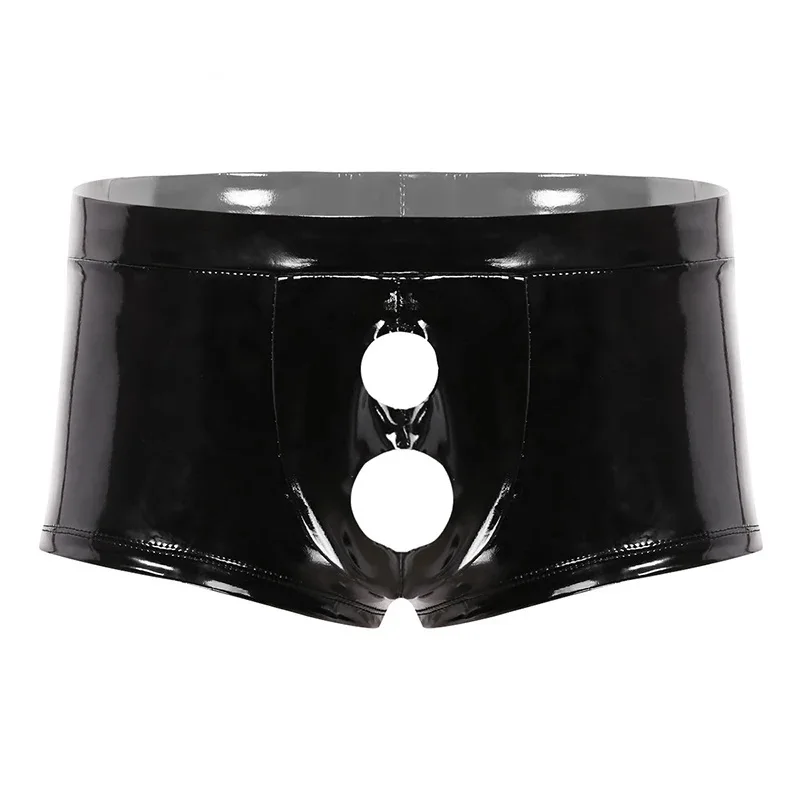 Mens Sexy Open Crotch Glossy Leather Boxer For Sex Shaping Latex Shorts Crotchless Male Shiny PVC Leather Short Pants Sexi