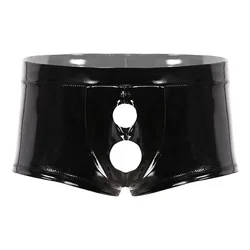 Mens Sexy Open Crotch Glossy Leather Boxer For Sex Shaping Latex Shorts Crotchless Male Shiny PVC Leather Short Pants Sexi