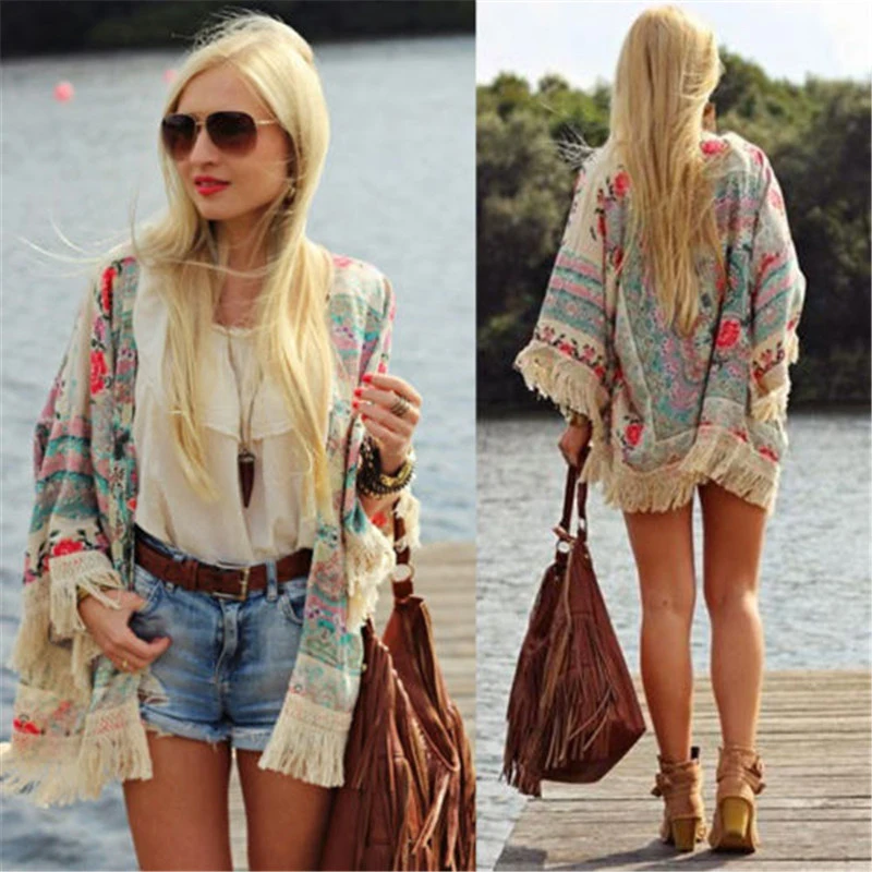 Women Boho Floral Tassels Casual Wild Beachwear Lace Loose Tassels Shawl Hippie Kimono Cardigan Coat Jacket Wrap Tops Cover Up