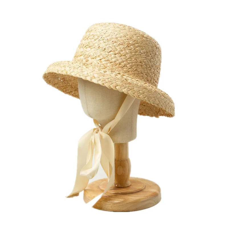 Children Hand-knitted Raffia Retro Flat Top Sun Hats Girls And Boys Summer Travel Sunscreen Vacation Straw Hat With Lacing S1161