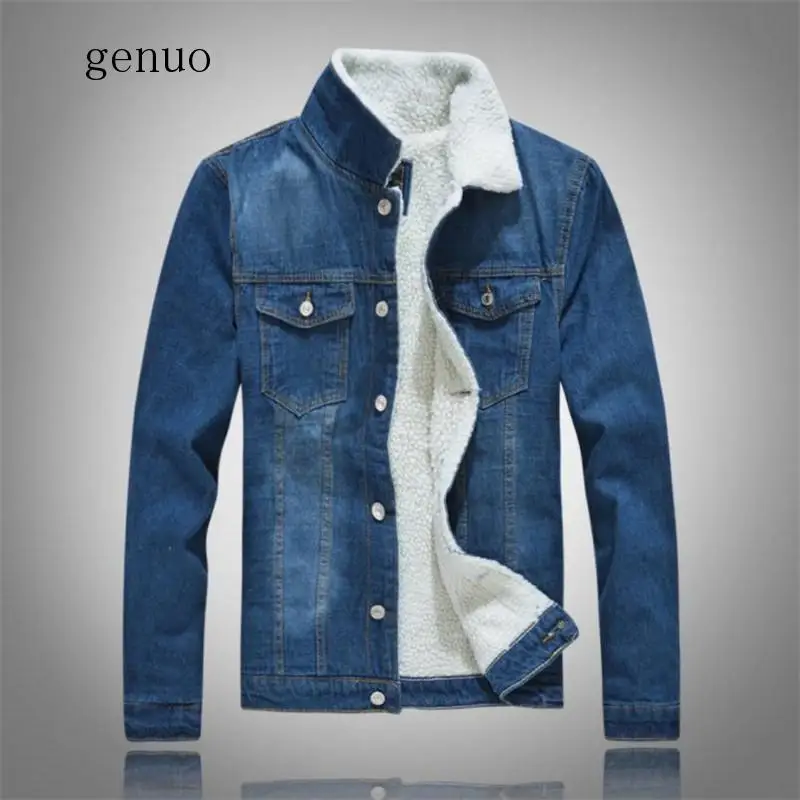 Winter Men's Casual Denim Jacket Plus Velvet Warm Cotton Coat Fashion Coat Jeans Solid Color Lapel Top