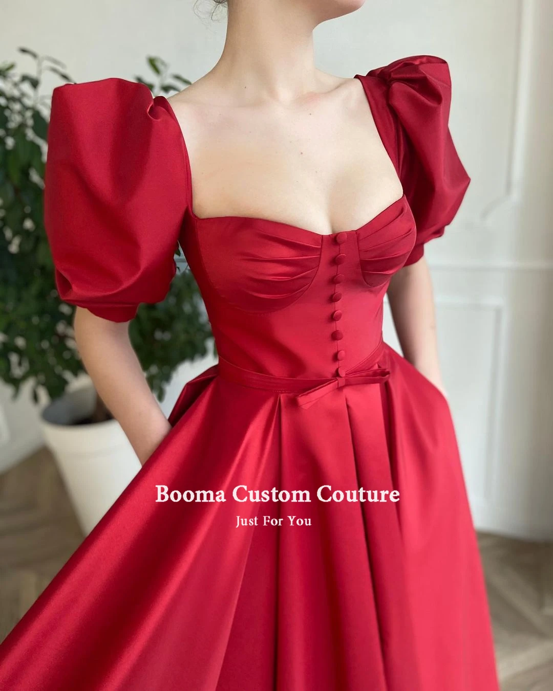 Booma Elegant Red Short Prom Dresses Puff Sleeves Front Slit Buttoned Prom Gowns with Pockets Tea-Length Wedding Party Dresses