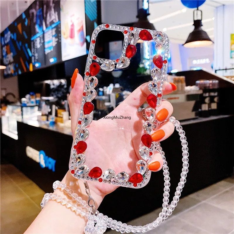 

Glitter Diamond Phone Case for Samsung A52 A32 A22 A42 A72 A82 A12 A41 A31 A21S A11 A02S A01 A21 Rhinestone Clear Lanyard Cover