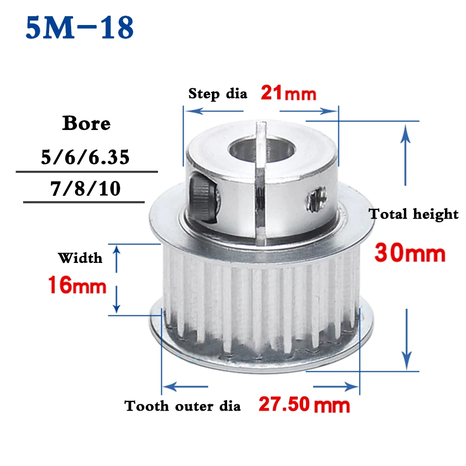 

1Pcs New 5M 18Tooth Synchronous Wheel Clamping Type Timing Belt Pulley Width 16mm Bore 5-10mm