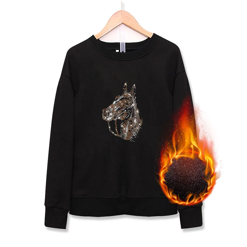 Winter Keep warm Loose Sweatshirts female Fleece thickening personality Hot diamonds Horse face Pattern Round neck Women tops